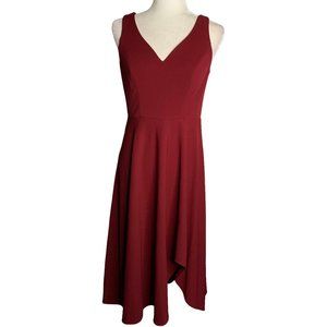 Retro Sleeveless V Neck Midi Swing Dress M Maroon Red Zip High Low Hem NEW